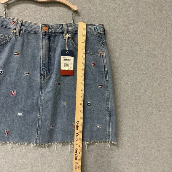Tommy Hilfiger Embroidered Logo Denim Mini Skirt Women Size 32 Y2K Raw Hem NWT - Picture 8 of 10